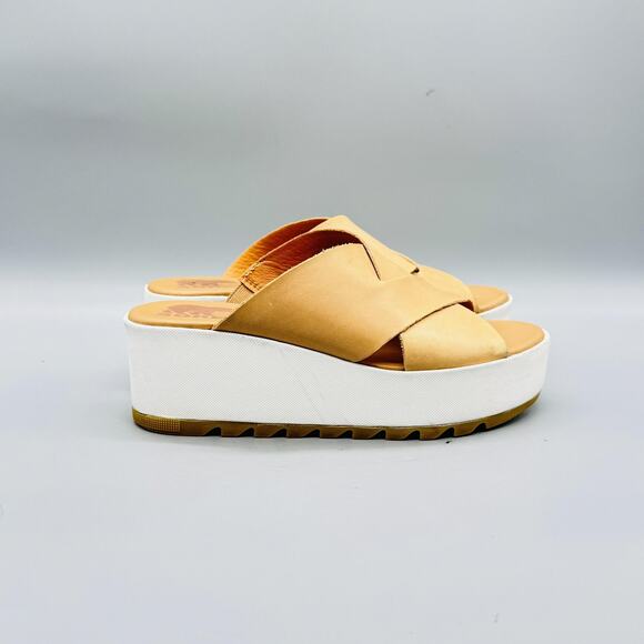Sorel Shoes - Sorel Sandals Womens 6 Beige Leather Cameron Flatform Mule Wedge Slip On Shoes